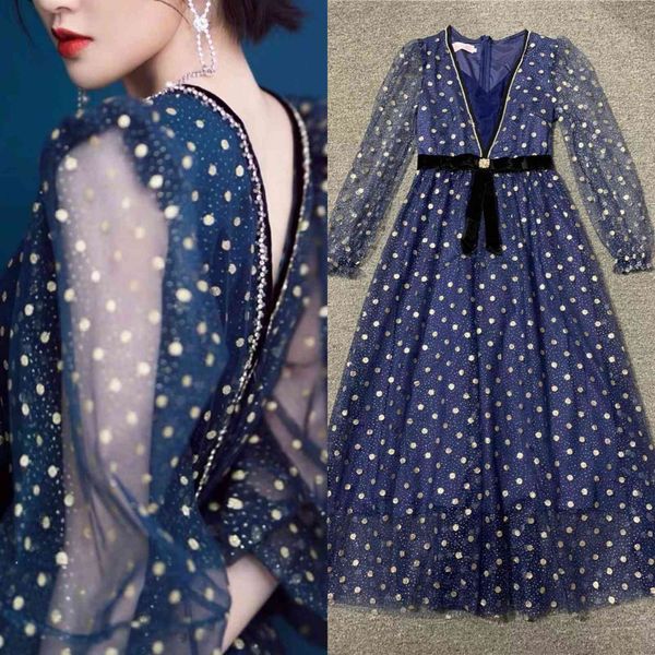 

runway dresses star same paragraph v-neck puff sleeve high waist polka dot dress 5fk7, Black