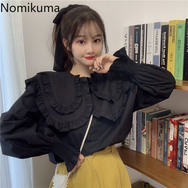 

nomikuma korean blouse turn down collar long sleeve shirts women solid color casual loose fashion 2021 new blusas 3a867, White
