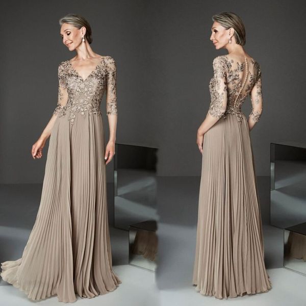 Abiti eleganti per la madre della sposa in pizzo Una linea con scollo a V Mezze maniche Abito da cerimonia nuziale Lunghezza pavimento Abiti da sera pieghettati in chiffon