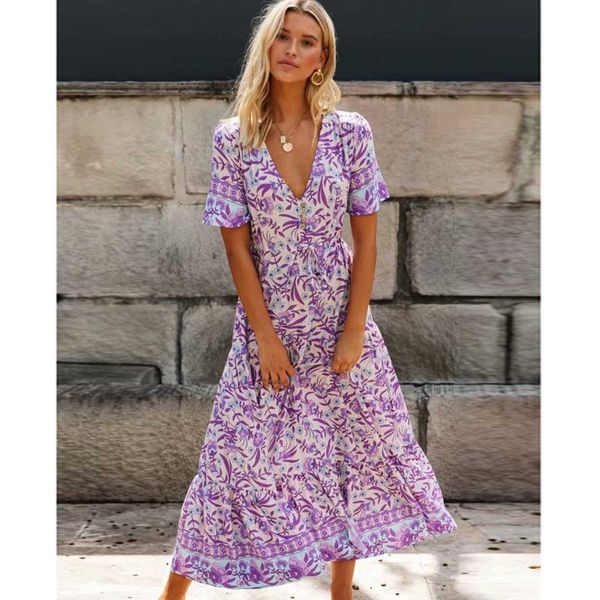 2020 Hippie Split Sexy Estate Stampato Floreale Maxi DrV Collo Manica Corta Vintage Vestido Beach Boho Casual Abiti Lunghi Dalle Donne X0621