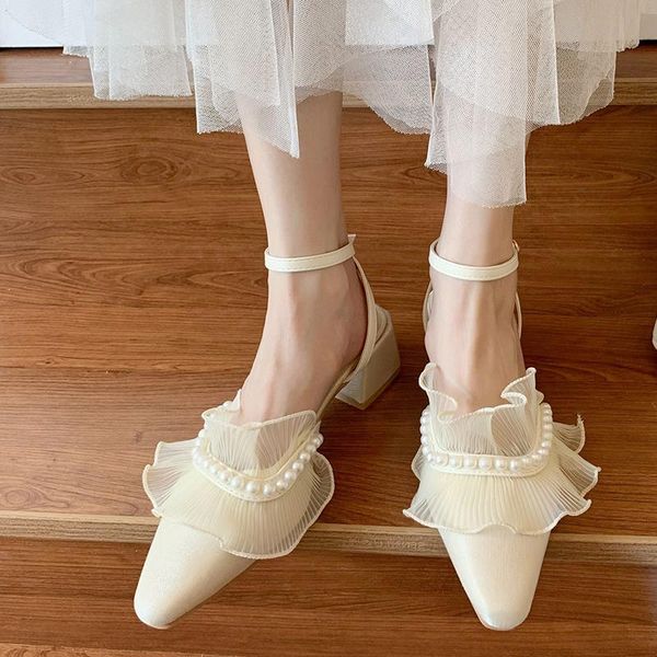 

sandals rimocy 2021 sweet lace pearl ankle strap women elegant pointed toe square heel pumps woman slingbacks party shoes, Black