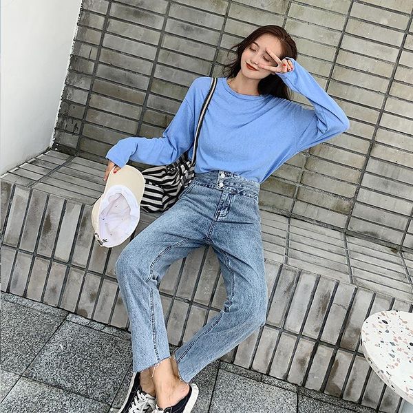 

straight loose jeans womans high waist 2021 female baggy pants korean style fashion blue mom streewear womens trousers women's