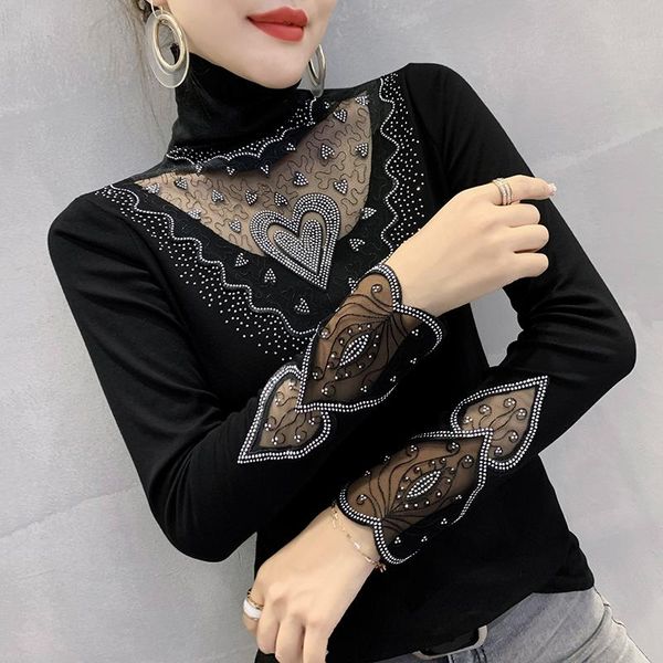 

women's t-shirt european highstreet bottoming shirt spring 2021 high-neck lace t plus size patchwork mesh blusa, White