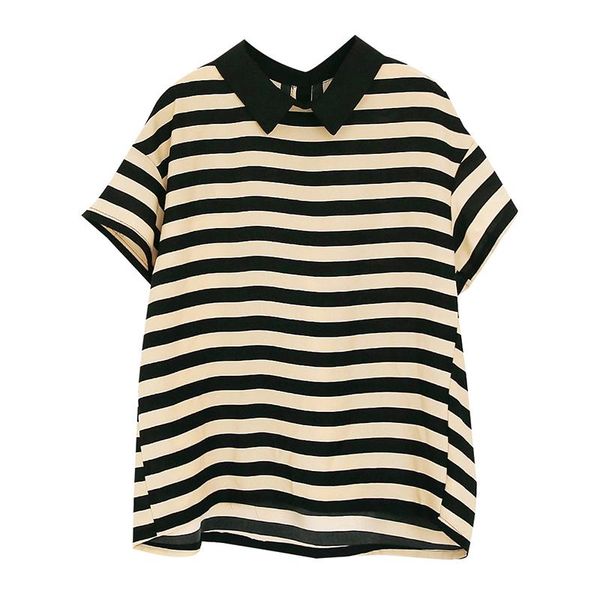 

women's blouses & shirts 2021 fashion women black stripe blouse shirt contrast color short sleeved loose waist printing summer wear cam, White