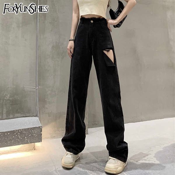 FORYUNSHES Black Baggy Mom Zerrissene Jeans Frau Hohe Taille Gerade Bein Cargo Hosen Vintage Kleidung Koreanische Mode Hosen 210709
