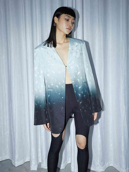 

women's suits & blazers [eam] women blue gradual color thin blazer v-collar long sleeve loose fit jacket fashion spring autumn 2022 1de, White;black