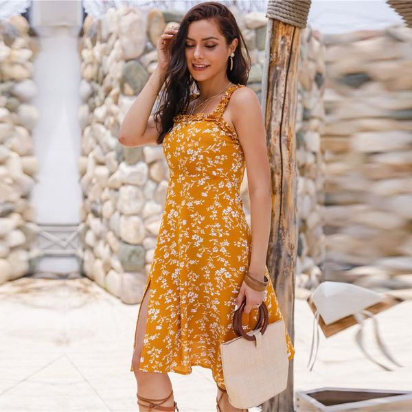 

casual dresses spring summer ladies spaghetti strap floral dress women 2021 sleeveless split knee length print backless, Black;gray