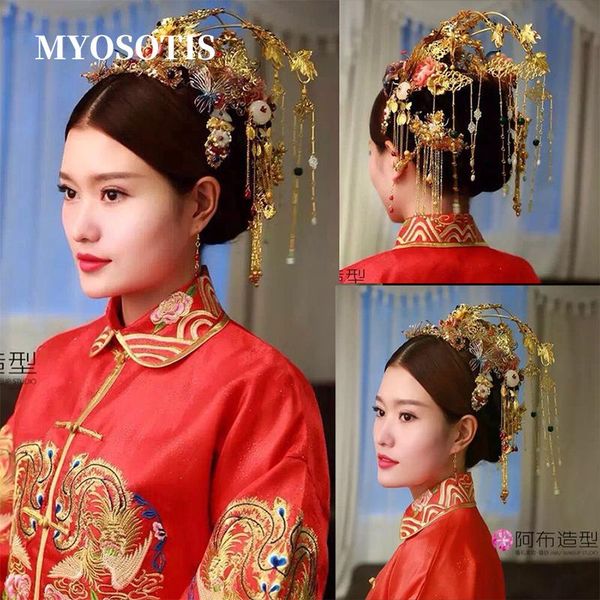 

hair clips & barrettes traditional chinese wedding bride gold queen crown tassel headpieces vintage princess headdress bridal accessories, Golden;silver