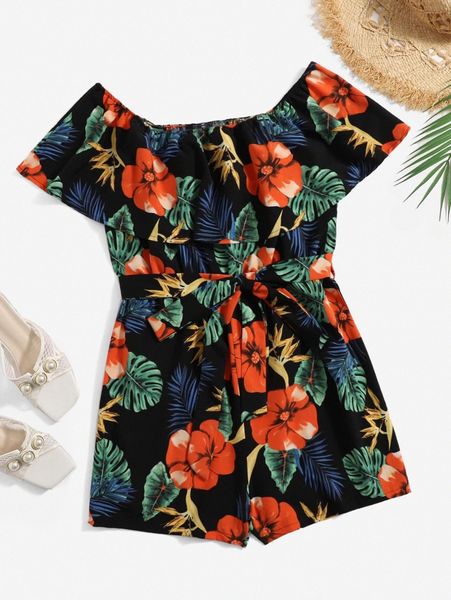 

plus tropical print ruffle trim belted romper m4tw#, Black