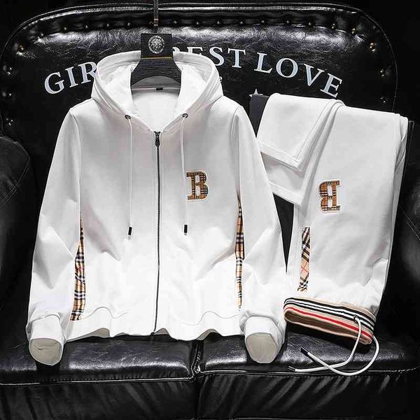 

trendy menswear british style leisure sports suit men's hooded sweater cardigan white two-piece set, Gray