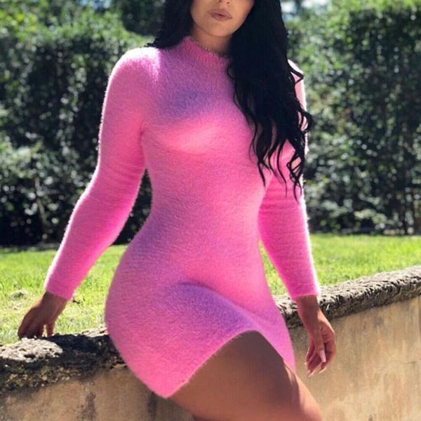 

women ladies bodycon long sleeve fashion dresses sweater fleece solid color high neck mini dress party casual jumper, Black;gray