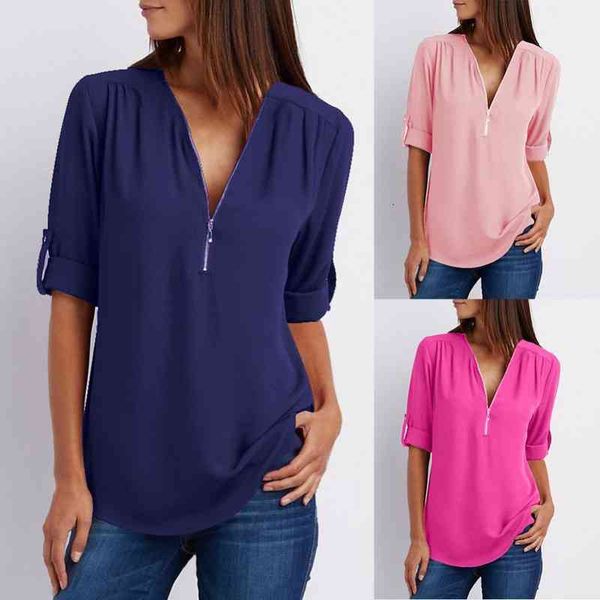 

casual office lady solid color zipper v neck half sleeve shirt loose blouse, White