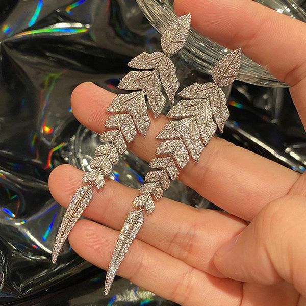 

hoop & huggie french earrings for women tassel pendants stainless steel leaf zircon banquet wedding accessories wholesale gifts, Golden;silver