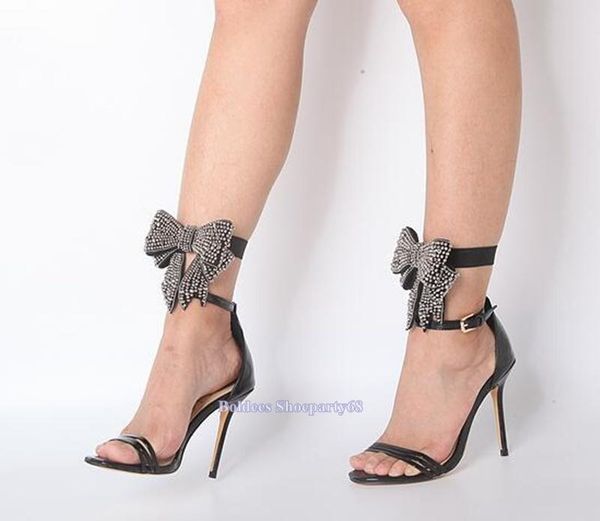

buckle straps bow tied thin high heeled sandals women bling crystal bowtie narrow band leather concise dress shoes, Black