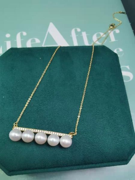 

chains elegant necklace 5 pearls balance beam 8-9mm 43cm white freshwater pearl golden color chain accessories neck, Silver