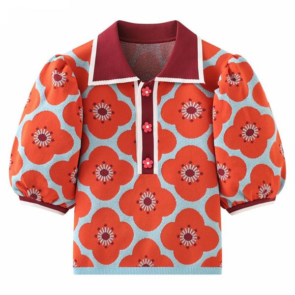 

women's t-shirt 202 lapel contrast color flower jacquard puff sleeve short t-shirt, summer fashion neck knit top, White