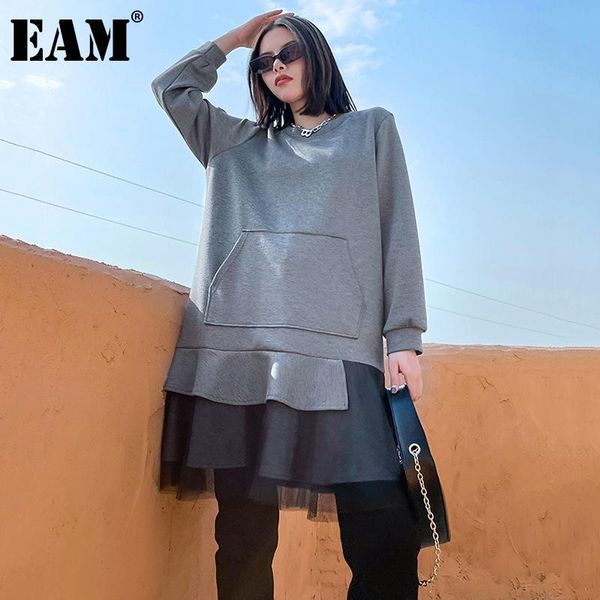 

casual dresses [eam] women rgay hem mesh big size dress round neck long sleeve loose fit fashion tide spring autumn 2021 1de2036, Black;gray