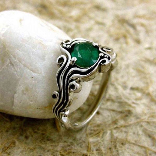 Fashion Silver Flower Green Crystal Stone Geometric Girl Wedding Ring Women's Cocktail Party Jewelry Banquet Ring G1125