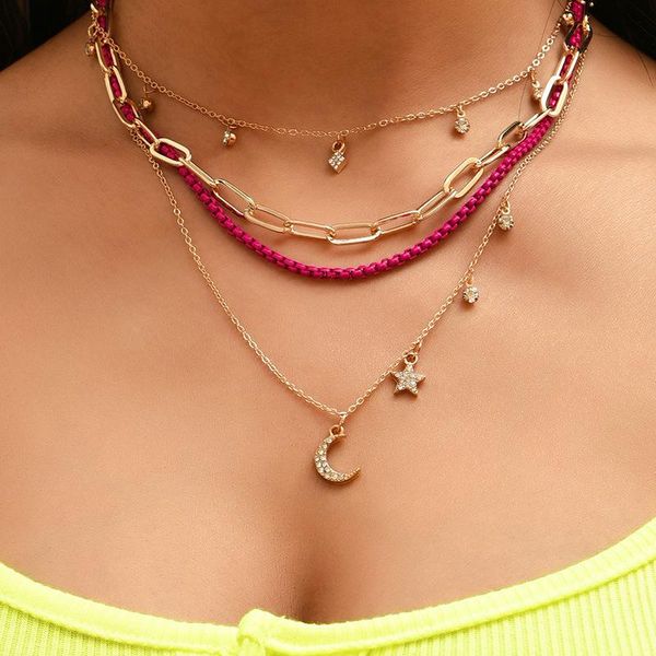 

chains gold color multilayer pendant necklace for women fashion crystal long moon star chain choker jewelry party gift, Silver