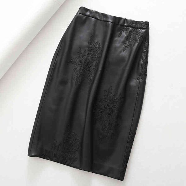 

skirts spring flower embroidered pu midi pencil black faux leather back split ol below knee skirts