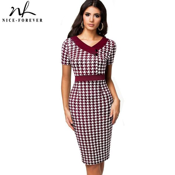 

casual dresses nice-forever summer women elegant contrast color patchwork business work vintage bodycon slim dress b633, Black;gray