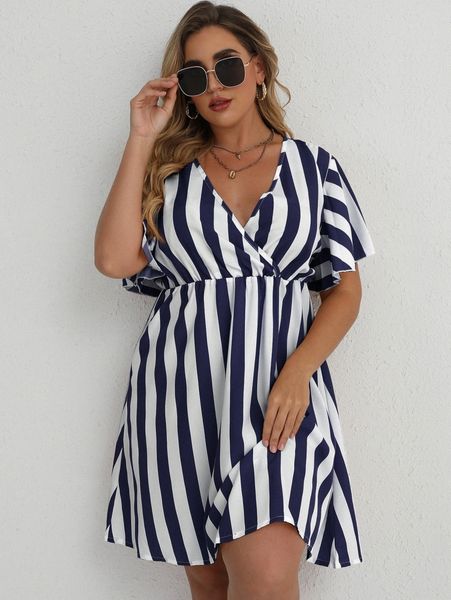 

plus striped surplice front dress 45qb#, Black