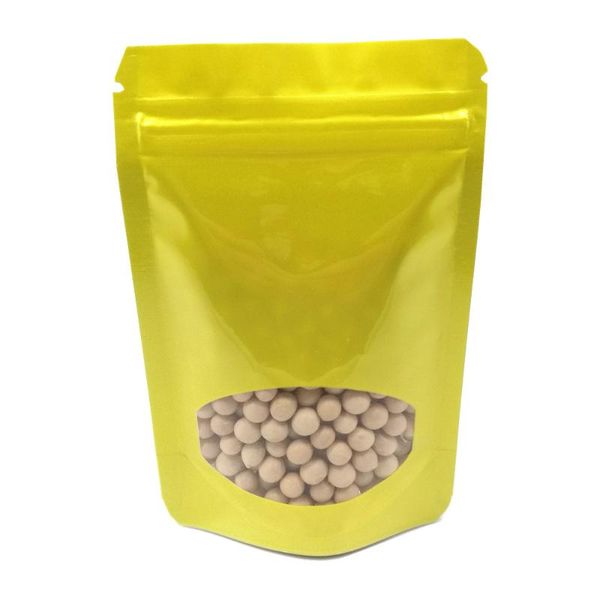 

storage bags 100pcs glossy gold mylar foil stand up bag with clear window tear notch zipper grip seal doypack food package pouches
