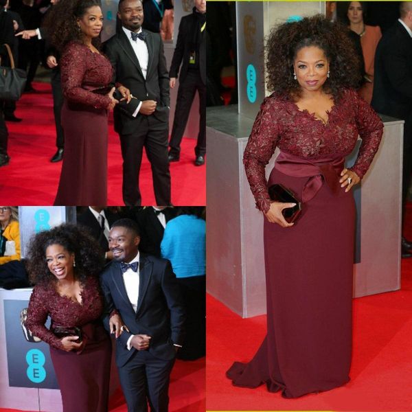 Plus Size Herbst Winter Chiffon Abendkleider Burgunderrot Langarm Oprah Winfrey Promi-Kleider V-Ausschnitt Spitze Abschlussball Formelles Abendkleid