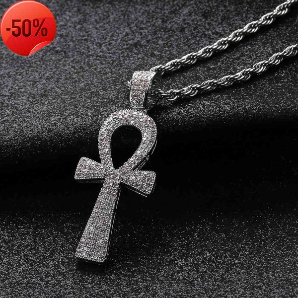 

star egyptian anhe key pendant with zircon inlaid trendsetter hip hop necklace, Silver