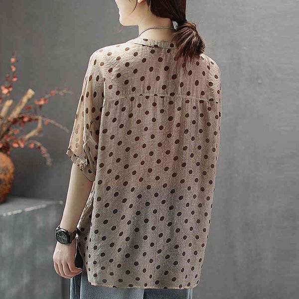 

plus size shirt women summer loose casual new 2021 korean style vintage polka dot cotton linen woman blouses shirts p788, White