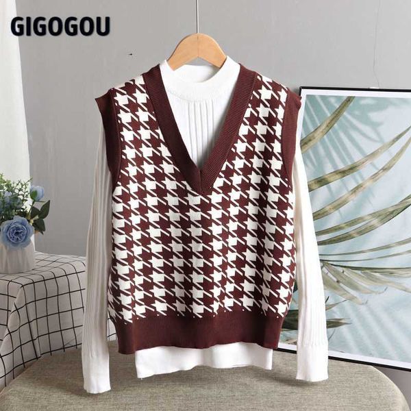 

gigogou houndstooth knit women sweater vest autumn spring autumn woman pullovers retro sleeveless waistcoat pull femme 211008, Black;white