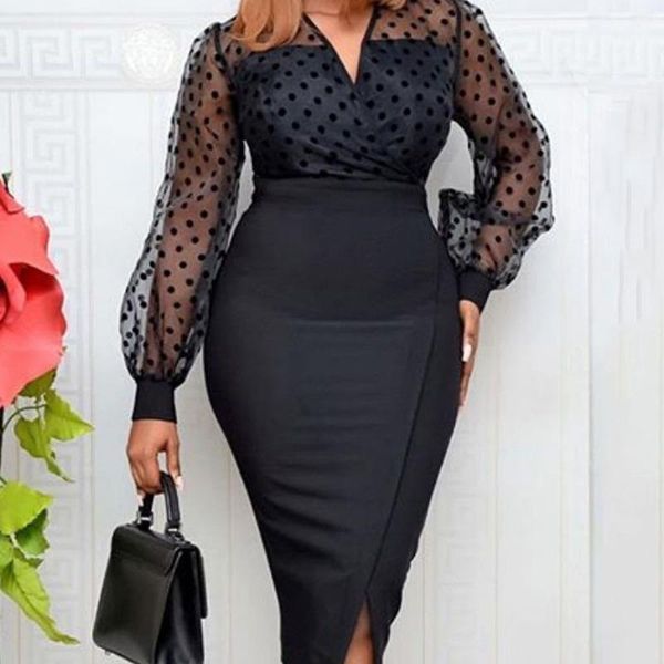 

casual dresses 2021 arrival black dress dot o-neck long sleeve office lady wear midi vestidos, Black;gray