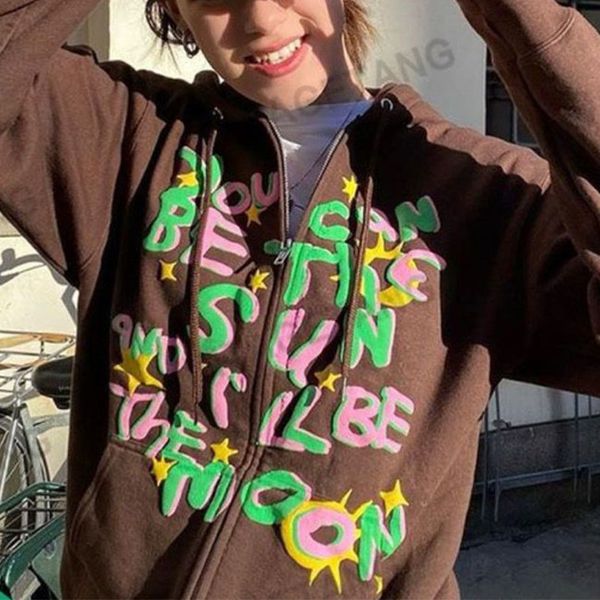 

women's hoodies & sweatshirts graffiti zip-up vintage marrom hoodie y2k impressÃ£o grÃ¡fica estÃ©tica manga longa moletom 90s streetwear p, Black