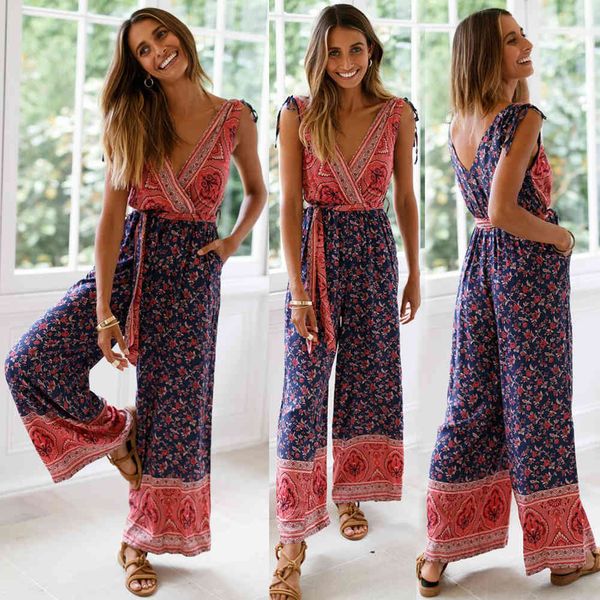 

women's jumpsuits & rompers summer women floral print v-neck playsuit party boho lace up waisted bohemian long jumpsuit holiday wi, Black;white