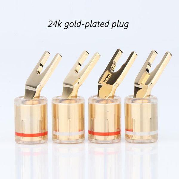 

smart power plugs 4pcs sy1528 pure copper gold plated spade fork plug for speaker cable screw locking connector