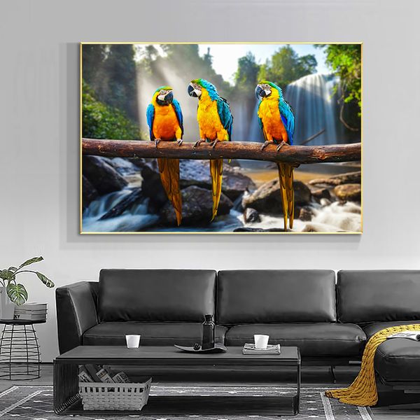 Pintura de papagaio impressa em tela Cachoeira Arte de parede para sala de estar Decoração de casa moderna Imagens de animais Decoração de sofá SEM MOLDURA
