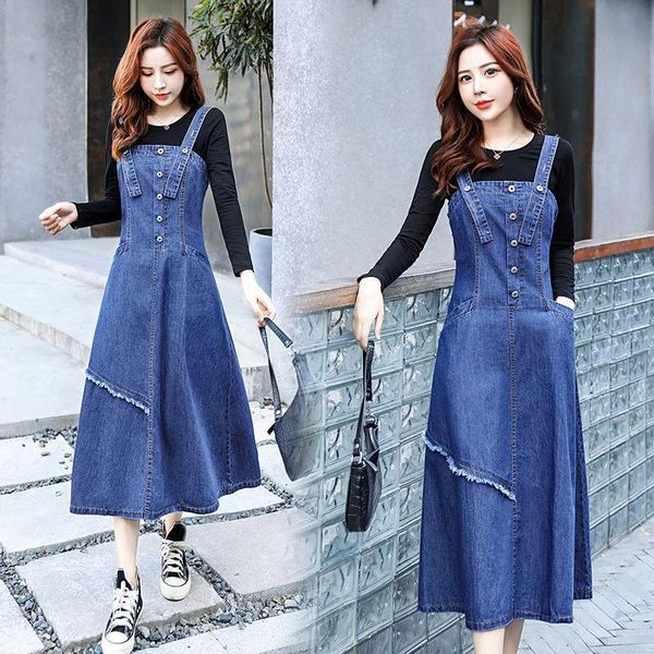 

women's fur & faux blue denim strap skirt suit long style over the knee waist foreign age reduction 2021 spring dress fashion, Black