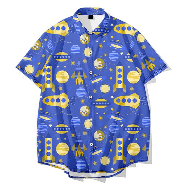 

summer men casual shirts fashion hawaiian planet printed short-sleeve beach holiday floral streetwear camisa masculina, Red