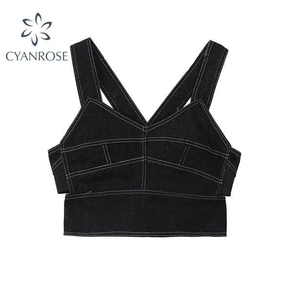 

summer women blue cowboy crop streetwear v neck sleeveless bright line decoration back cross sling female 210515, White