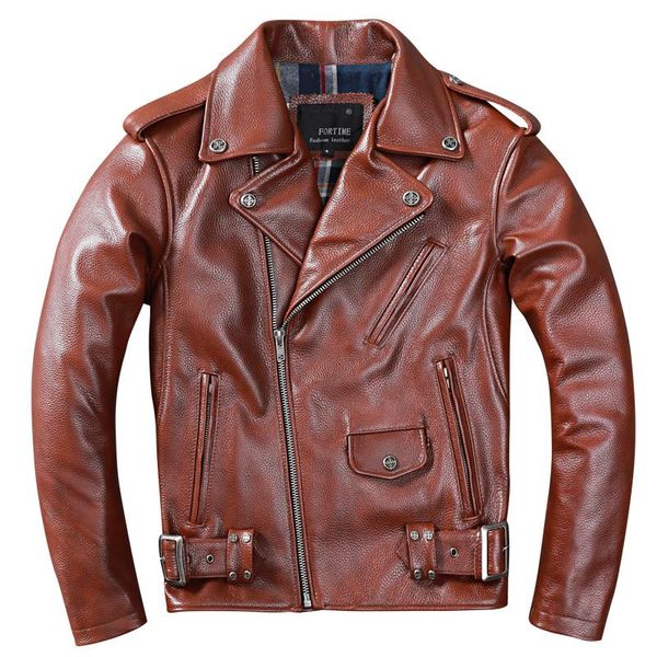 

men's leather & faux vintage genuine jackets brown cowhide motorcycle autumn biker coat for male, Black