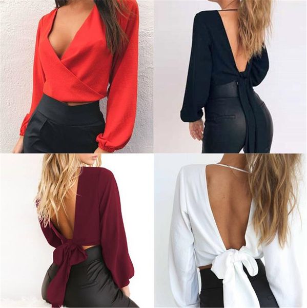 

women's & shirts v neck backless blouses fashion lantern sleeve lace up loose blouse 20ss women designer clothing, White