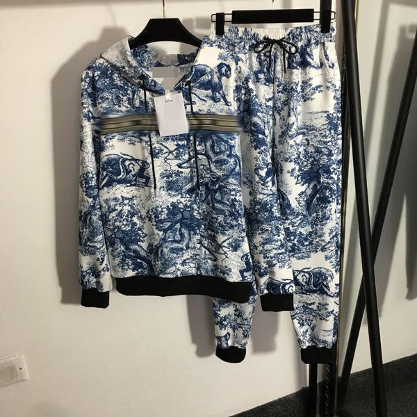 

2021 summer brand same style two piece hooded blue long pants flora print regular empire fashion casual dresses faluolan, White