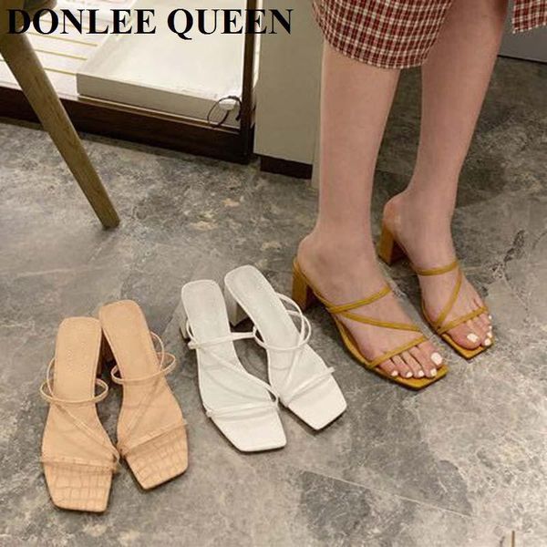 

fashion square toe slippers women high heel sandals slip on slides narrow band summer shoes outdoor flip flops, Black