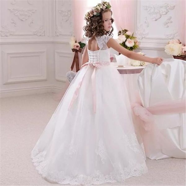 

girl's dresses white flower girls sleeveless lace applique tulle fluffy floor length first holy communion princess, Red;yellow