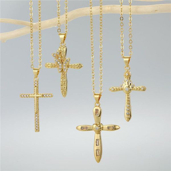 

pendant necklaces 1pc vintage metal zircon butterfly cross necklace for women simple crystal fatima handcross chain jewelry, Silver