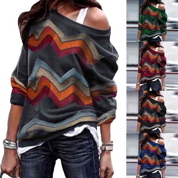 

2021 harajuku streetwear hoodie with thin wave striped female hoodies geometric printing a shoulder hipster sweatshirts poleron mujer, Black