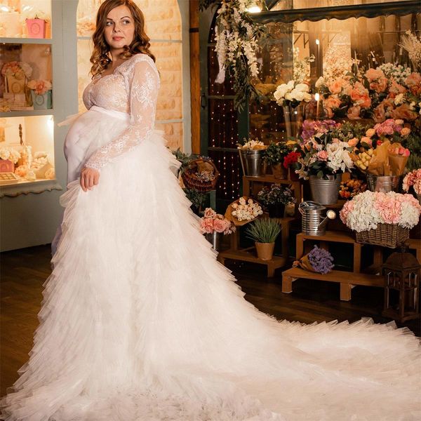 

v neck lace prom dresses with detachable train ruffles pshoot gowns oversize maternity dress robes 2022, Black