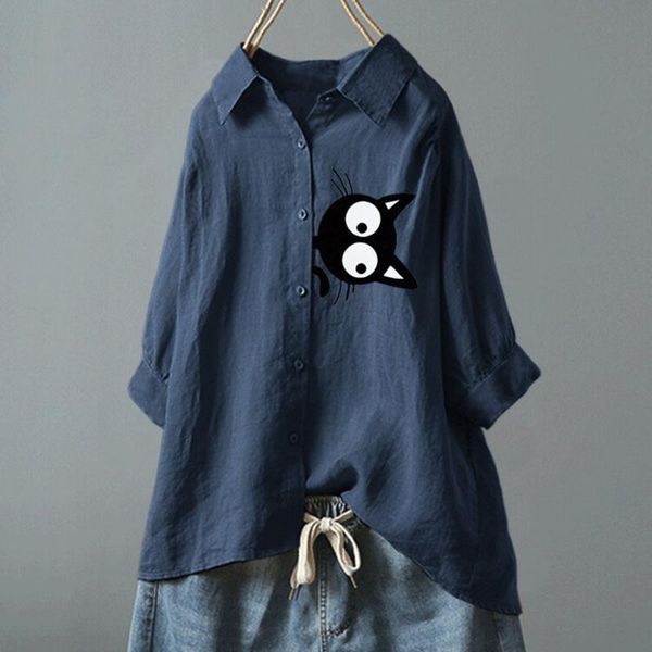 

cat print women blouses vintage lady shirt cotton half sleeves lapel blouse chemise femme plus size women's & shirts, White