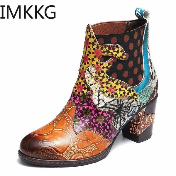

boots 2021 fashion booties vintage leather printed ankle for women shoes woman pu retro block high heels, Black