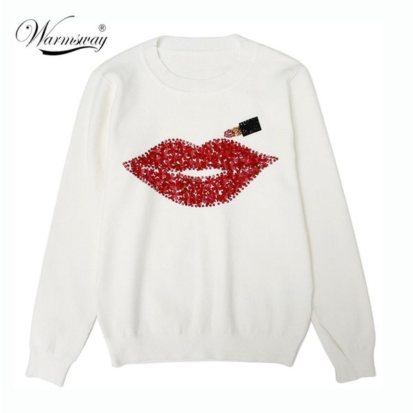 

harajuku women sweater autumn winter brand designer hand made diamonds red lips sequined female lipstick knit c-021 210522, White;black